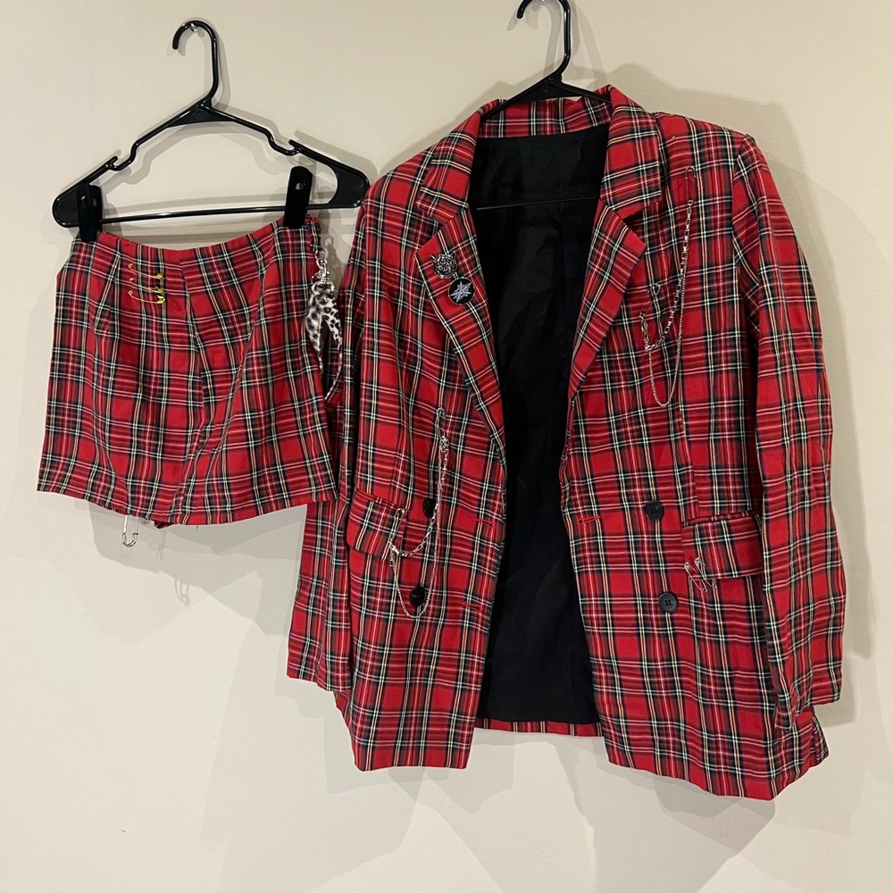 Red plaid tartan two piece set with blazer and mini skirt